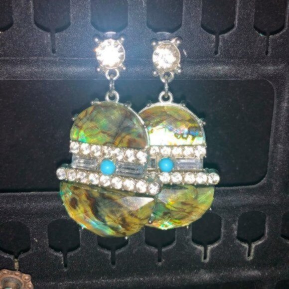 Turquoise color earrings w Rhinestones VTG Jangle earrings post back 2in long - Picture 6 of 8